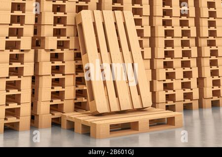 Pallet in legno in magazzino, 3D rendering isolato su sfondo bianco Foto Stock