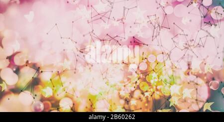 Triangoli, punti e linee si collegano con lucentezza sullo sfondo sfocato. Movimento lento e profondità di campo bassa Foto Stock