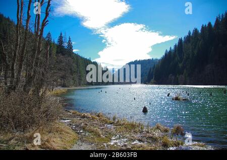 Bellissimo lago tra le montagne del Carpatia, luminoso e scintillante dal sole Foto Stock