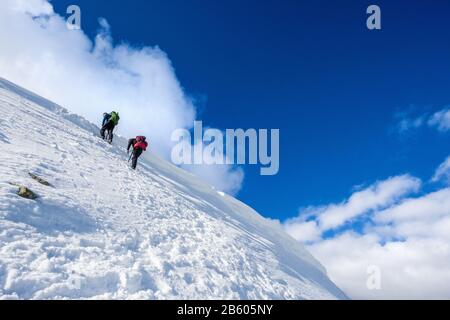 Camminatori invernali che salgono ripidi pendii da Striding Edge alla cima di Helvellyn nel Lake District National Park, Cumbria, Regno Unito Foto Stock