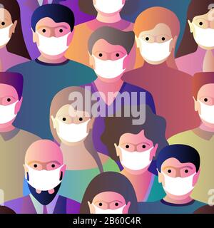 Persone diverse folla in bianco medico maschera protettiva viso proteggere l'infezione da virus in trasmissione aerea. Concetto di quarantena epidemica del coronavirus modello di gradiente di illustrazione vettoriale senza giunture Illustrazione Vettoriale