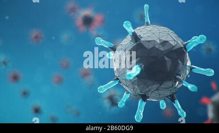 Sfondo del virus astratto, virus influenzale o COVID-19. Il virus infetta le cellule. COVID-19 al microscopio, patogeno che colpisce il sistema respiratorio Foto Stock