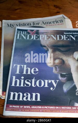 Giornale indipendente prima pagina titolo con Barack Obama 'The History Man' dopo aver vinto le elezioni del 2008 Stati Uniti. Foto Stock