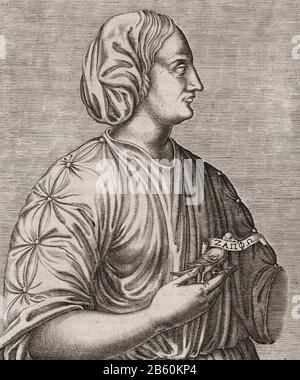 Sappho (c 630-c 570 a.C.) poeta greco arcaico in un immaginario medievale. Foto Stock