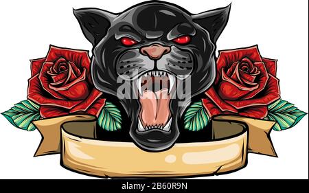 Panther rose serpente tatuaggio grafico vettore illustrazione Illustrazione Vettoriale