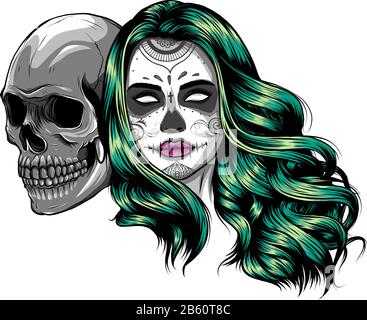 Ragazza morta con due teschi di zucchero. Illustrazione vettoriale Illustrazione Vettoriale