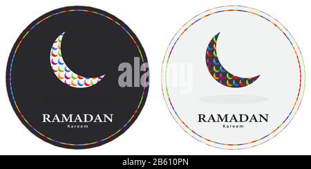 Ramadan Kareem biglietto d'auguri circolare iscrizione in cerchio e colorato simbolo islamico mezzaluna con modello arabico Illustrazione Vettoriale