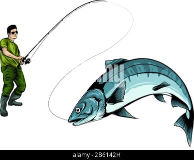 Progettazione di pesca per il vettore. Un pescatore si ritiene che le catture di una barca su un'onda. Illustrazione Vettoriale