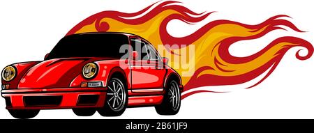 Emblema per auto sportive con fiamme libere. Stampe in tessuto, adesivi in vinile e decalcomanie per auto. Illustrazione Vettoriale