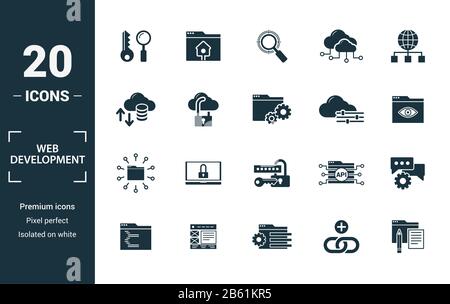 Sviluppo web icon set. Includere elementi creativi di ricerca chiave, seo, lo storage cloud, cloud management, le icone della connessione di rete. Può essere utilizzato per il report Foto Stock