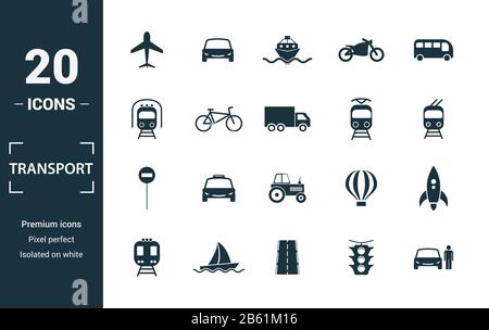 Icona del trasporto set. Includere elementi creativi auto, moto, biciclette, troleibus, taxi icone. Può essere utilizzato per la relazione, presentazione, diagramma, web Foto Stock