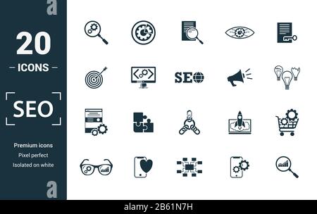 Seo icon set. Includere elementi creativi di ricerca, ottimizzazione del risultato della ricerca, la giusta soluzione, ottimizzazione del codice, ottimizzazione del sito web icone. Possono essere utilizzati Foto Stock