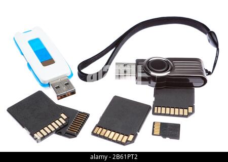 Una serie di memoria di archiviazione. Su sfondo bianco. Foto Stock