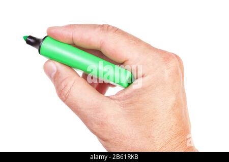 Penna in feltro verde in una mano maschio per le note di affari. Foto Stock