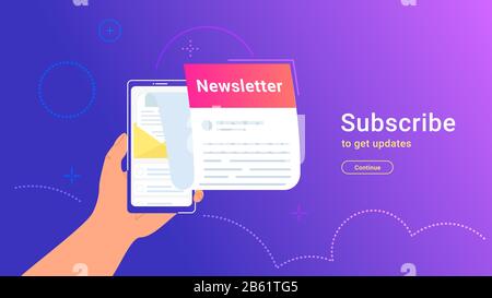 Newsletter abbonamento online in mobile app. Il vettore gradiente illustrazione della mano umana tenendo smartphone con nuova lettera mensile battenti fuori del ghiaione Illustrazione Vettoriale