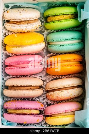 Macaron multicolore con diversi gusti in una confezione regalo. Macro. Foto Stock