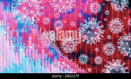 Economia e assistenza sanitaria come una pandemia economica paura e coronavirus paure o virus Focolaio e mercato azionario vendere come una recessione finanziaria stock. Foto Stock