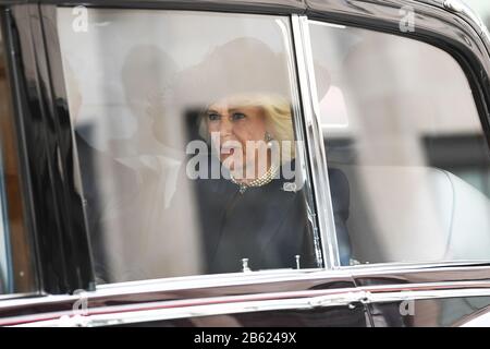 La duchessa di Cornovaglia arriva per il Commonwealth Service a Westminster Abbey, Londra il Commonwealth Day. Il servizio è il Duca e la Duchessa dell'ultimo fidanzamento ufficiale del Sussex prima che abbandonino la vita reale. Foto Stock