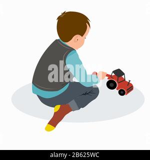 Carino bambino ragazzo giocare con colorato giocattolo auto isolato su bianco. Illustrazione piatta del vettore Illustrazione Vettoriale