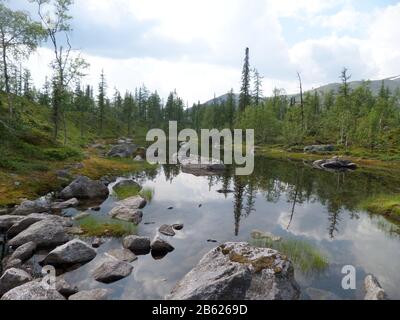 Lago nel parco nazionale di Yugydva nelle montagne urali in Russia con acqua limpida e pietre grigie, circondato da verde foresta e alberi. L'acqua riflette il cielo e gli alberi.PICTURES Foto Stock