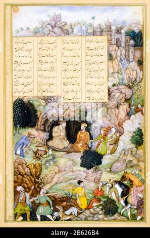 Alessandro Magno visita il Sage Plato nella sua Grotta di montagna, illustrazione di Basawan, ispirato da Amir Khusrau Dihlavi, 1597-1598 Foto Stock