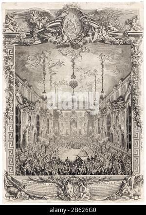 Decorazione del Grand Ball all'interno della scuola di equitazione coperta, Palazzo di Versailles, per il matrimonio di Louis Dauphin di Francia a Marie Thérèse di Spagna, febbraio 24th 1745, incisione di Michel de Bonneval, Charles-Nicolas Cochin il più giovane, 1756 Foto Stock