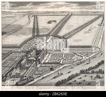 Vista elevata del Palazzo di Hampton Court e dei Giardini formali con il Tamigi, stampato da J Rocque, 1736 Foto Stock