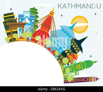 Kathmandu Nepal City Skyline Con Edifici A Colori, Blue Sky E Copy Space. Illustrazione Vettoriale. Illustrazione Vettoriale