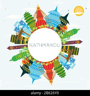 Kathmandu Nepal City Skyline Con Edifici A Colori, Blue Sky E Copy Space. Illustrazione Vettoriale. Illustrazione Vettoriale