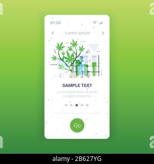 ricercatore femminile che usa siringa per esaminare marijuana pianta sanità farmacia medico cannabis concetto smartphone schermo mobile app full length copia spazio illustrazione vettore Illustrazione Vettoriale