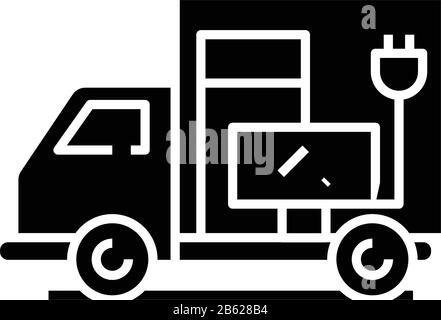 Trasporto degli apparecchi houshold icona nera, illustrazione di concetto, simbolo piatto del vettore, segno di glifo. Illustrazione Vettoriale