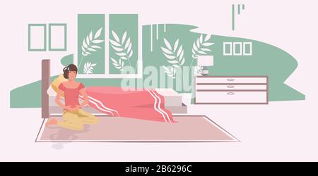 donna che soffre di dolore addominale lesione sulla pancia ragazza che ha mal di stomaco interni camera da letto moderna lunghezza intera orizzontale vettore illustrazione Illustrazione Vettoriale