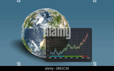 Illustrazione del riscaldamento globale con sfondo blu di rendering 3D terrestre Foto Stock
