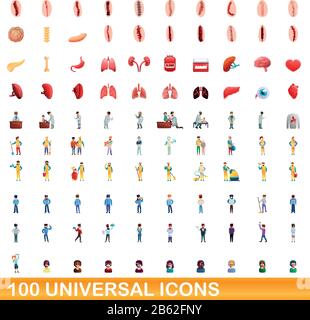 100 universal set di icone. Cartoon illustrazione di 100 icone universali set di vettore isolato su sfondo bianco Illustrazione Vettoriale