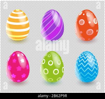 Uova di Pasqua multistolorate con ombra su sfondo trasparente. Set di uova multicolori. Illustrazione Vettoriale