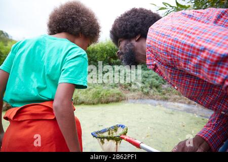 Team Leader Adulto Che Mostra Boy On Outdoor Activity Camp Come Catturare E Studiare Pond Life Foto Stock