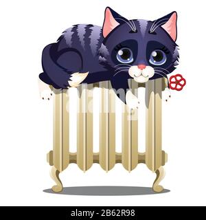 Cute a righe gatto sdraiato su un caldo radiatore di riscaldamento isolato su sfondo bianco. Blue-eyed tabby gatto. Illustrazione ravvicinata del cartone animato vettoriale. Illustrazione Vettoriale