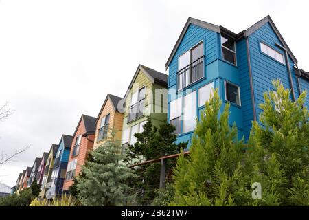 Le residenze cittadine di nuova costruzione si allineano al quartiere Wallingford di Seattle il 16 febbraio 2020. La forte economia di Seattle sta alimentando un boom di sviluppo record e. Foto Stock