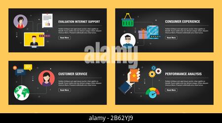 Set di modelli di disegno di banner del Internet per i siti web, internet marketing, e business. Valutazione del supporto Internet, esperienza dei consumatori, customer se Illustrazione Vettoriale