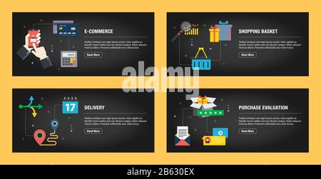 Set di modelli di disegno di banner del Internet per i siti web, internet marketing, e business. E-commerce, carrello, consegna e acquisto evaluatio Illustrazione Vettoriale