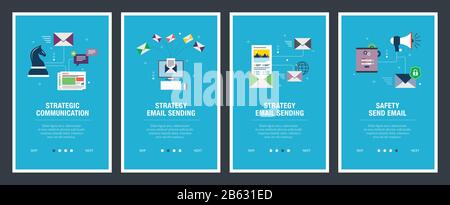 Set di vettore di verticale banner web con comunicazione, strategia di invio e-mail, newsletter e sicurezza invio di messaggi di posta elettronica.Vettore modello di banner per il sito web e Illustrazione Vettoriale