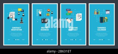 Set di vettore di verticale banner web con contratto negotitation, meeting, firma contratto, guadagni calendario. Vector modello di pagina di intestazione per noi Illustrazione Vettoriale