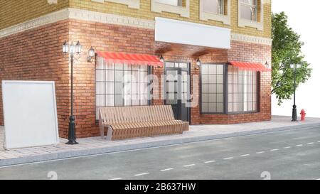 Esterno di un edificio con due mockup o banner per il tuo testo. La vista dalla strada è una panca con un bidone della spazzatura, luci di strada idrante e un Foto Stock