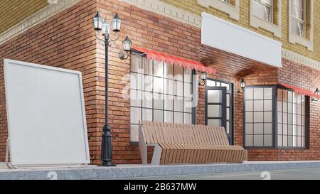 Esterno di un edificio con due mockup o banner per il tuo testo. La vista dalla strada è una panca con un cestino della spazzatura, luci della strada, 3d Foto Stock
