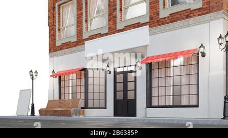 Esterno di un edificio con due mockup o banner per il tuo testo. La vista dalla strada è una panca con un cestino della spazzatura, luci della strada, 3d Foto Stock