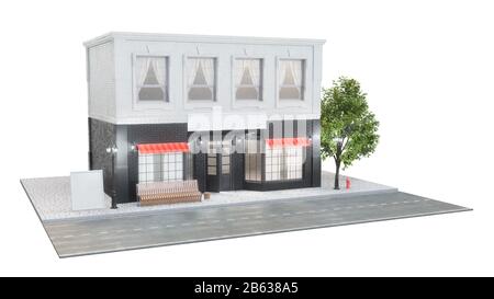 Esterno di un edificio con due mockup o banner per il tuo testo. La vista dalla strada è una panca con un bidone della spazzatura, luci di strada idrante e un Foto Stock