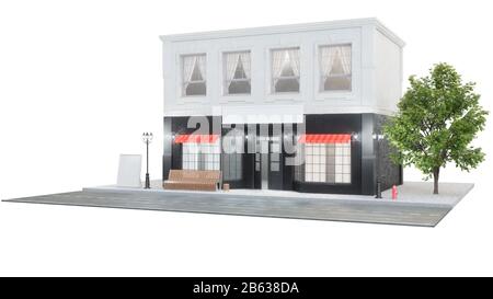 Esterno di un edificio con due mockup o banner per il tuo testo. La vista dalla strada è una panca con un bidone della spazzatura, luci di strada idrante e un Foto Stock