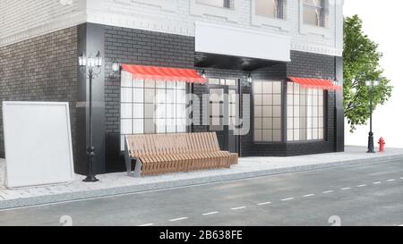 Esterno di un edificio con due mockup o banner per il tuo testo. La vista dalla strada è una panca con un bidone della spazzatura, luci di strada idrante e un Foto Stock