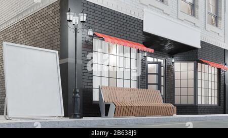 Esterno di un edificio con due mockup o banner per il tuo testo. La vista dalla strada è una panca con un cestino della spazzatura, luci della strada, 3d Foto Stock