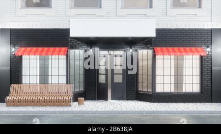 Esterno di un edificio con due mockup o banner per il tuo testo. La vista dalla strada è una panca con un cestino della spazzatura, luci della strada, 3d Foto Stock